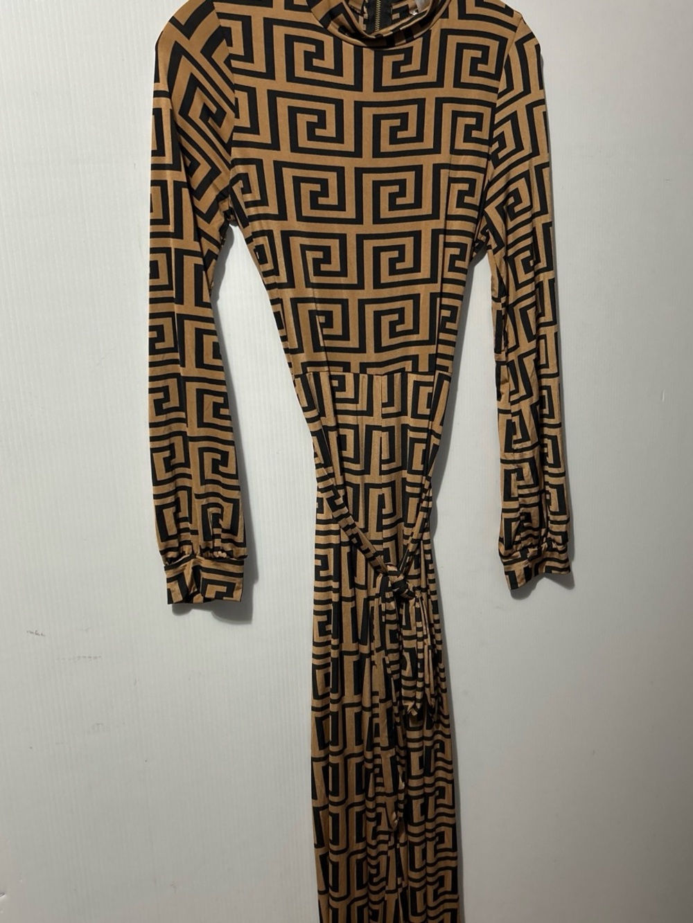 Women's Tan & Black Geometric Long Sleeve Wrap Jumpsuit